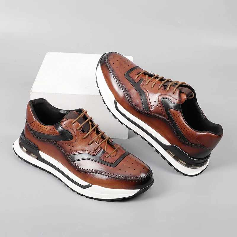 

High-Quality Men's Brogue Carving Design Sneakers, Genuine Leather Upper & Lining, Comfortable Lace-Up Casual Shoes