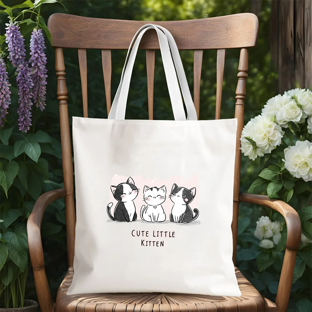 

Kitten Doodle Print Canvas Tote Black & White - Fun & Adorable Reusable Shopping Bag, Large Capacity Daily Carryall Storage Bag