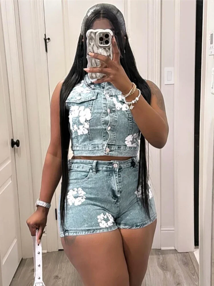 

Leosoxs Flower Print Denim 2 Piece Set Women Single-Breasted Cardigan Crop Jacket+Skinny Shorts Hot Girls Street Fashion Suit