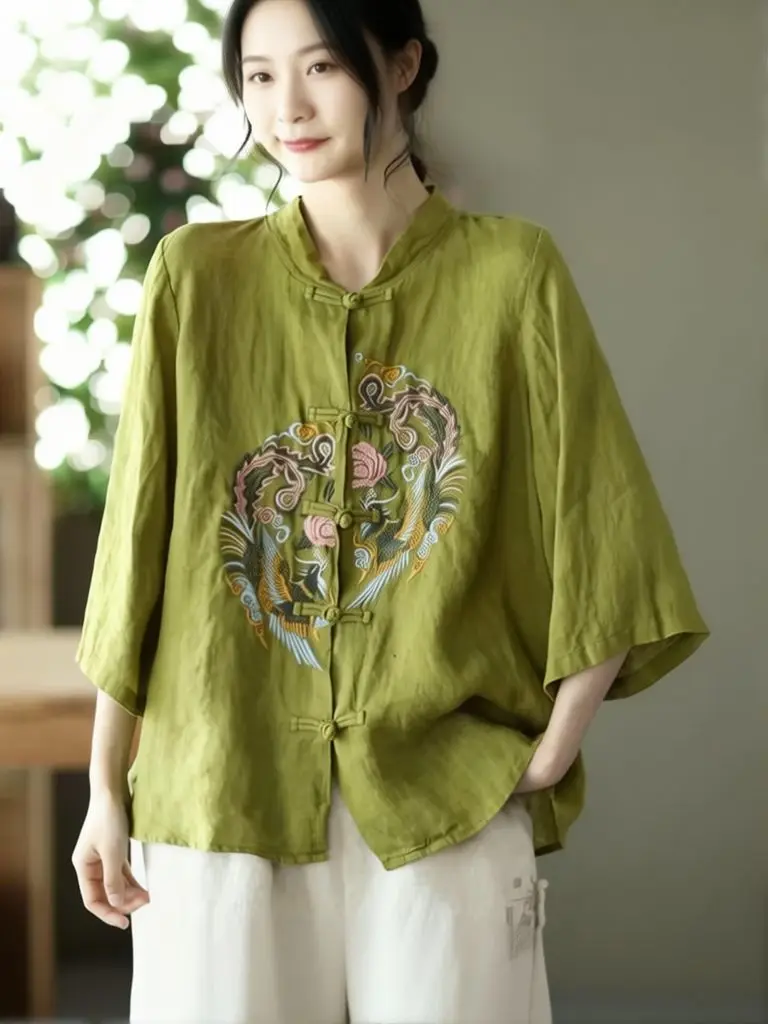 Ethnic Embroidered Button Up Cotton Linen Shirt Women 3/4 Sleeve Loose Casual Basic Blouse Elegant Stand Collar Outwear