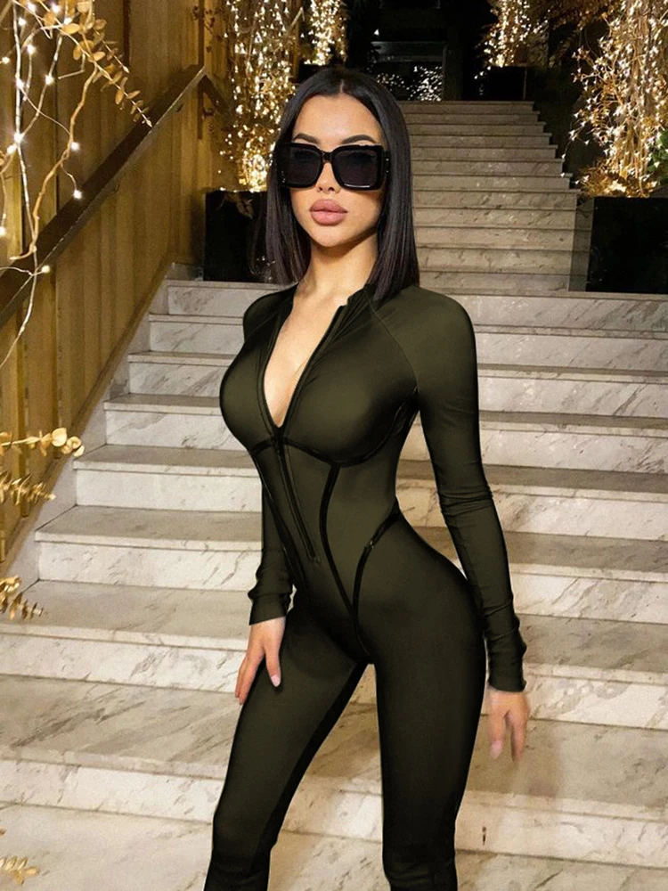 Articat Sexy Zipper Women Jumpsuit Long Sleeve Bandage Tights Solid Jumpsuits Female Party Bodycon Stretch Sporty & Leisure