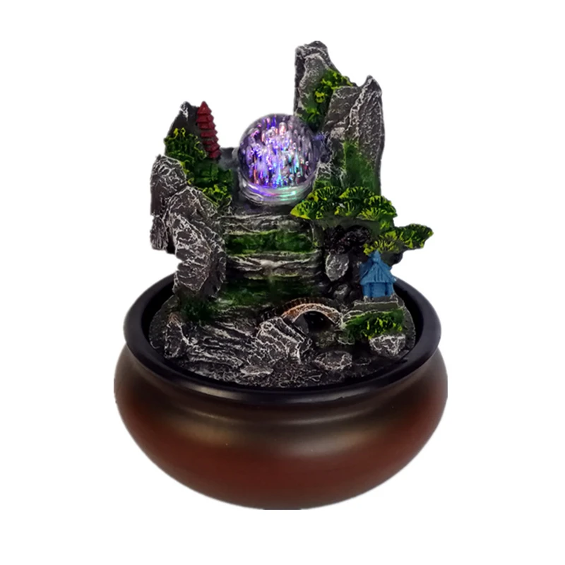 110/220V Resin Rockery Waterscape Lucky Feng Shui Led Water Fountain Home Office Desktop Spray Humid Decoration