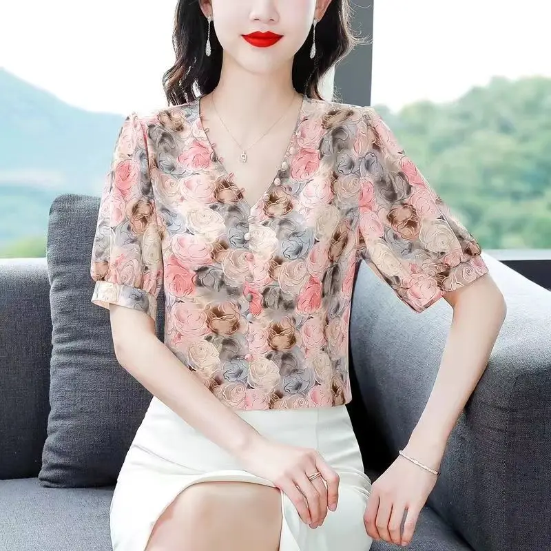 Women\'s Clothing 2023 Korean Fashion Floral Printed Elegant Blouses Summer V Neck Short Sleeve Slim Shirts Chic Sweet Tops Blusa