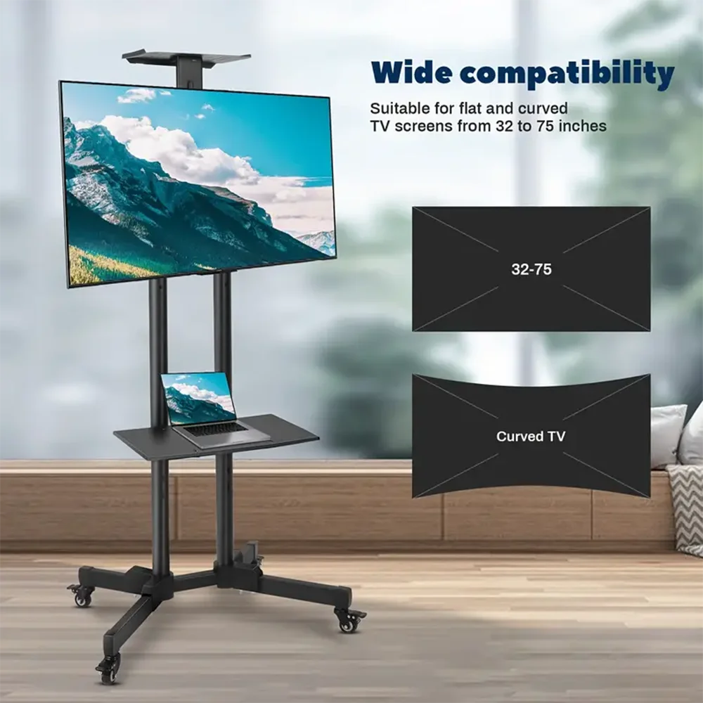 Mobile TV Cart With Wheels For 32-70 Inch LCD LED OLED Flat Curved Screen TVs Up To 110 Lbs Height Adjustable Portable TV On Whe