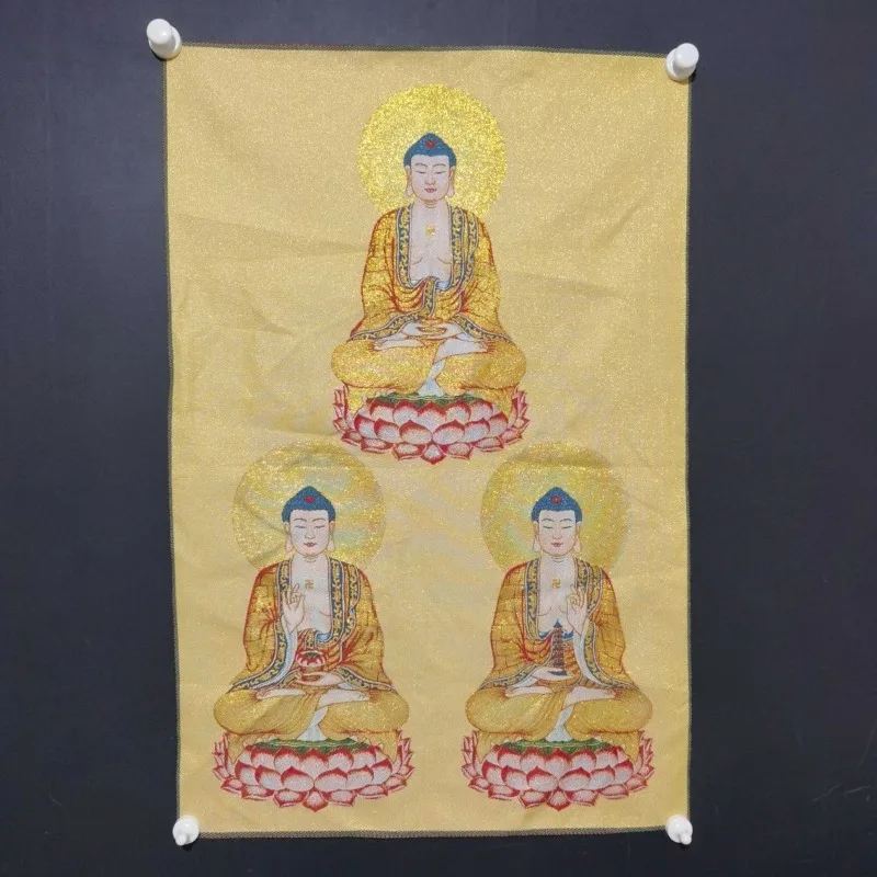 Three Buddhas Thangka Past Present Future Buddha Sakyamuni, Amitabha Medicine Buddha Brocade Buddhist Wall Altar Home Decor