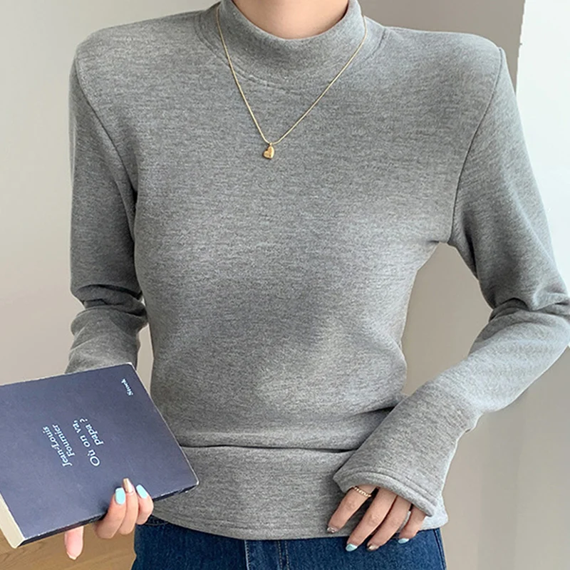 

New Casual Half-High Collar Warming Tops Women Thicken Long Sleeves Comfortable Bottoming Jumper Daily Commute Inner Ladies