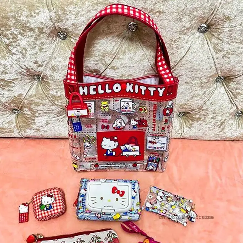 Sanrio Hello Kitty Cute Cat Transparent Bag Summer New Fashion Cartoon Printed Handbag Y2k Korean Style Large Capacity Tote