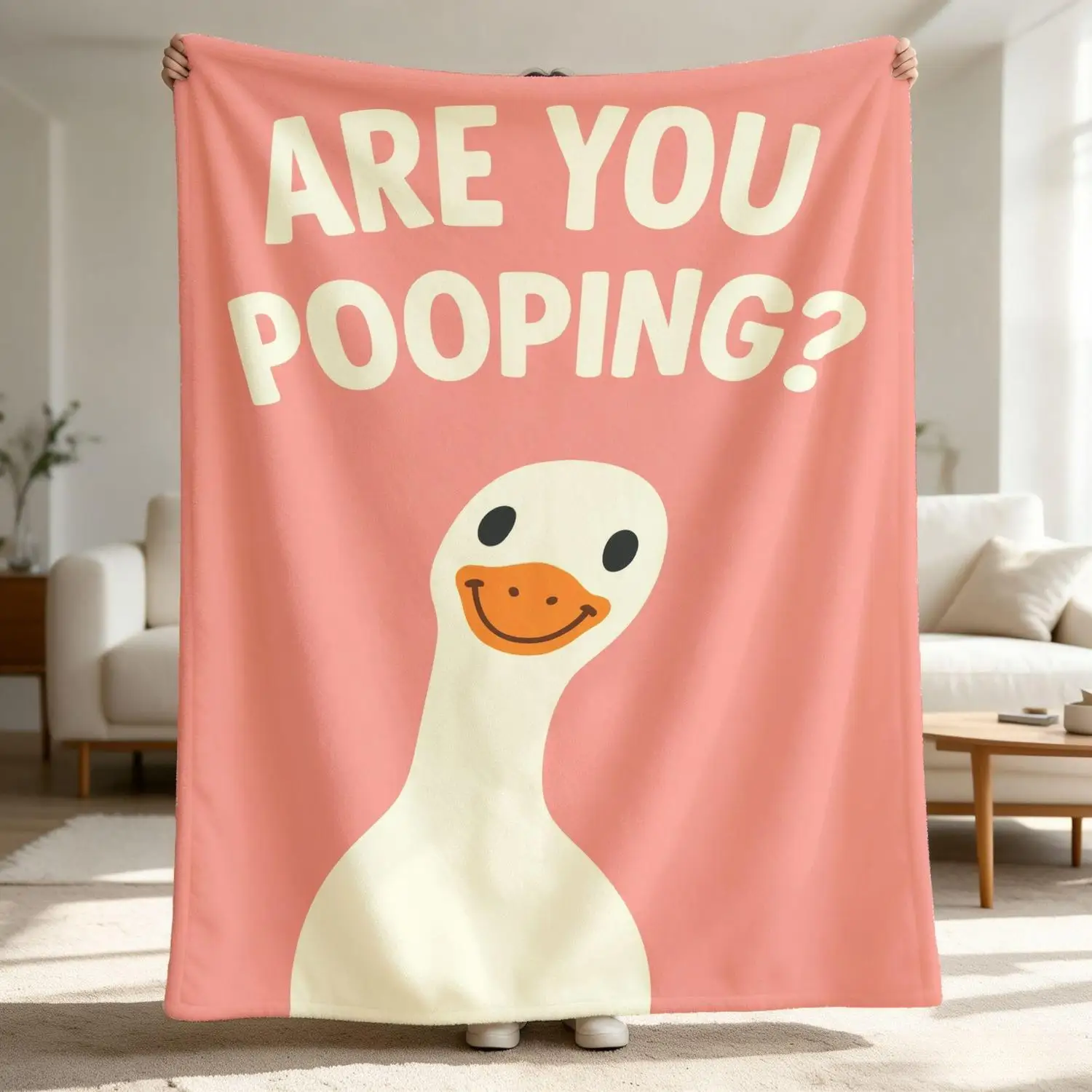 [Flannel Blanket] Fun Duck Blanket, Are You Pooping? Bathroom Decorative Blanket, Pink Humorous Gift, Gift for Friends