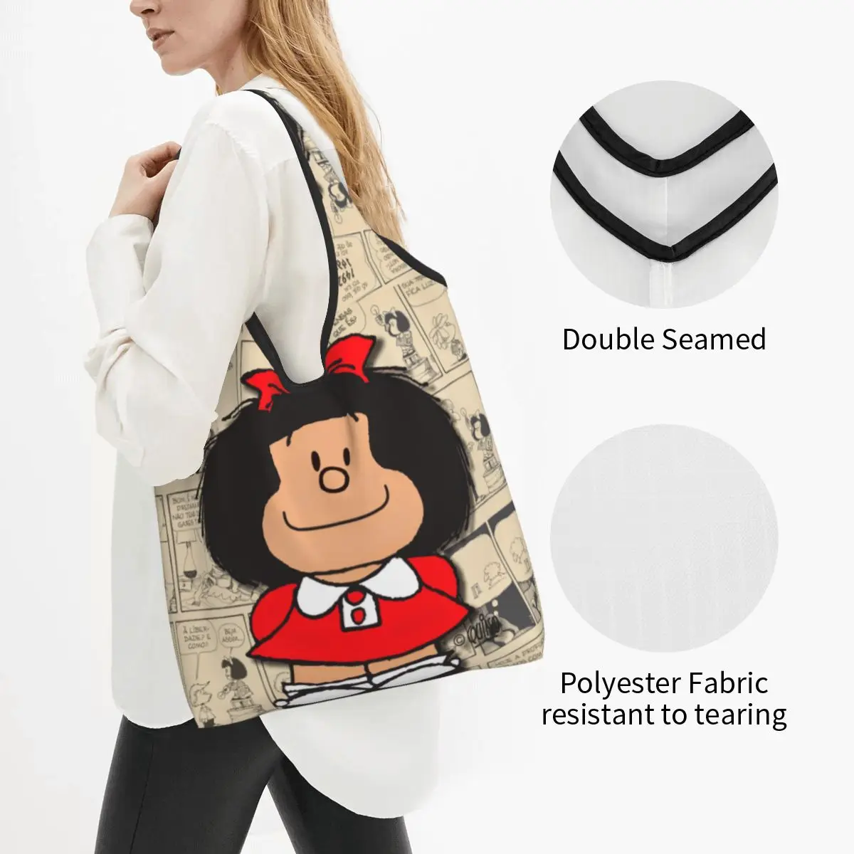 Custom Vintage Mafalda Manga Grocery Shopping Bags Shopper Tote Shoulder Bags Big Capacity Portable Quino Comic Cartoon Handbag