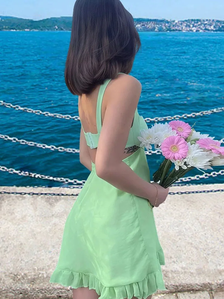 Vestidos Elegantes Para Mujer Solid Color Cutout Slim Sling Dress Sexy Backless Ruffle Dress Female 2025
