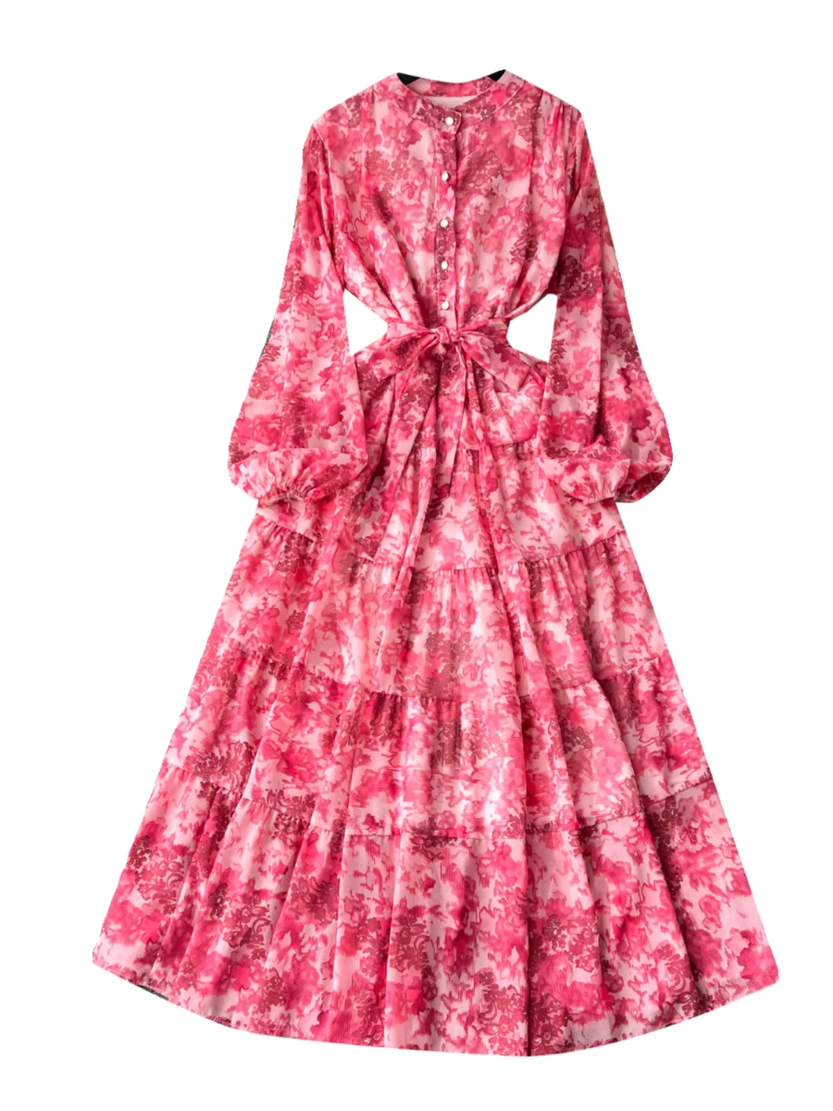 Floral Print Chiffon Dr Women's Autumn New Knee-Length Gown Gentle Waist-Cinching Fairy Skirt A-Line Long Sve Midi Dr