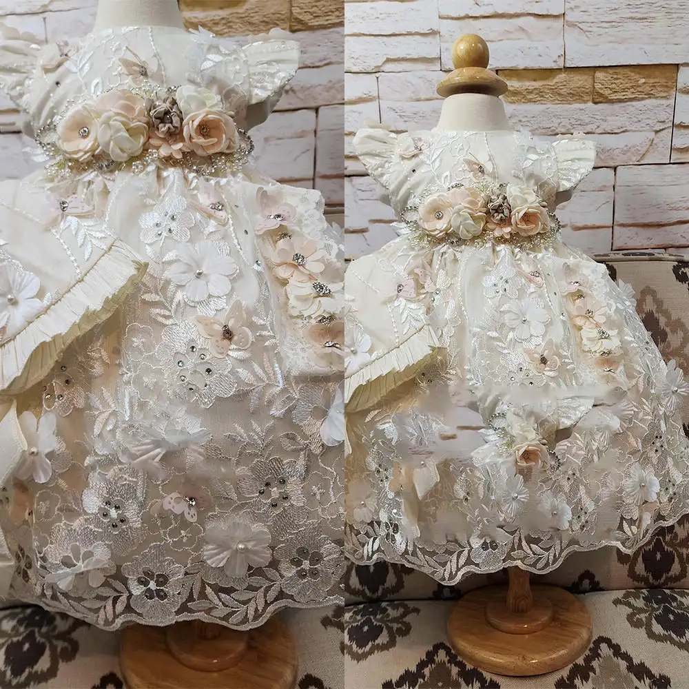 Luxury Beaded Christening Gowns For Baby Girls Hand Made Flowers Appliqued Pearls Baptism Dresses First Communica