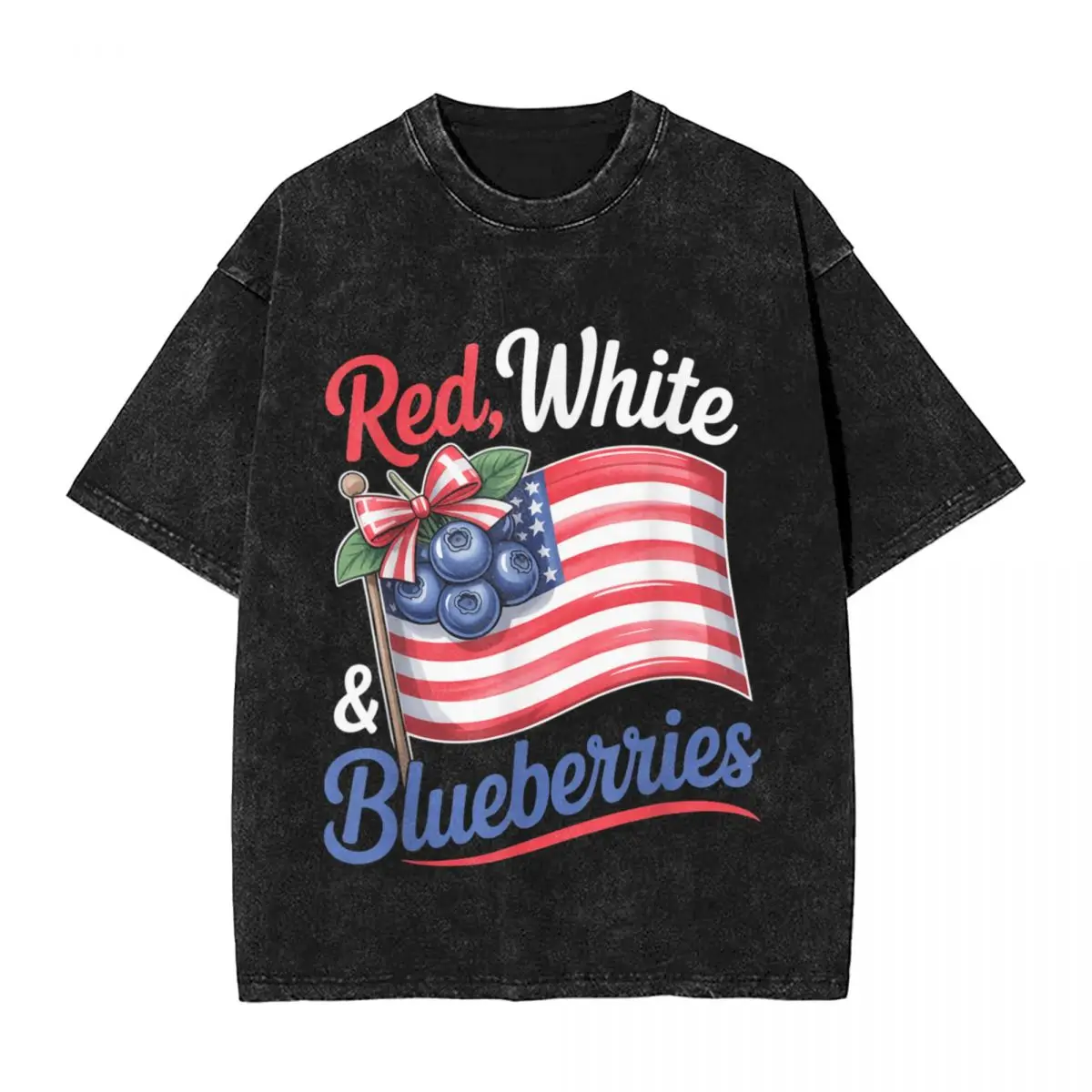 

Men's T-Shirt Red White Blueberries Coquette Flag Bow Washed T-Shirts Trending Summer Tee Shirt Y2K Basic Simple Cotton Clothing
