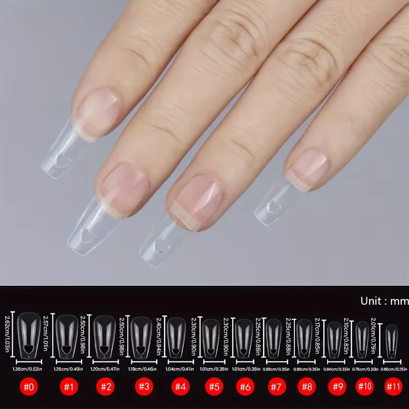 96/192 hollowed out heart-shaped nail stickers, new transparent nail tips, medium to long coffin shaped perforated heart-shaped