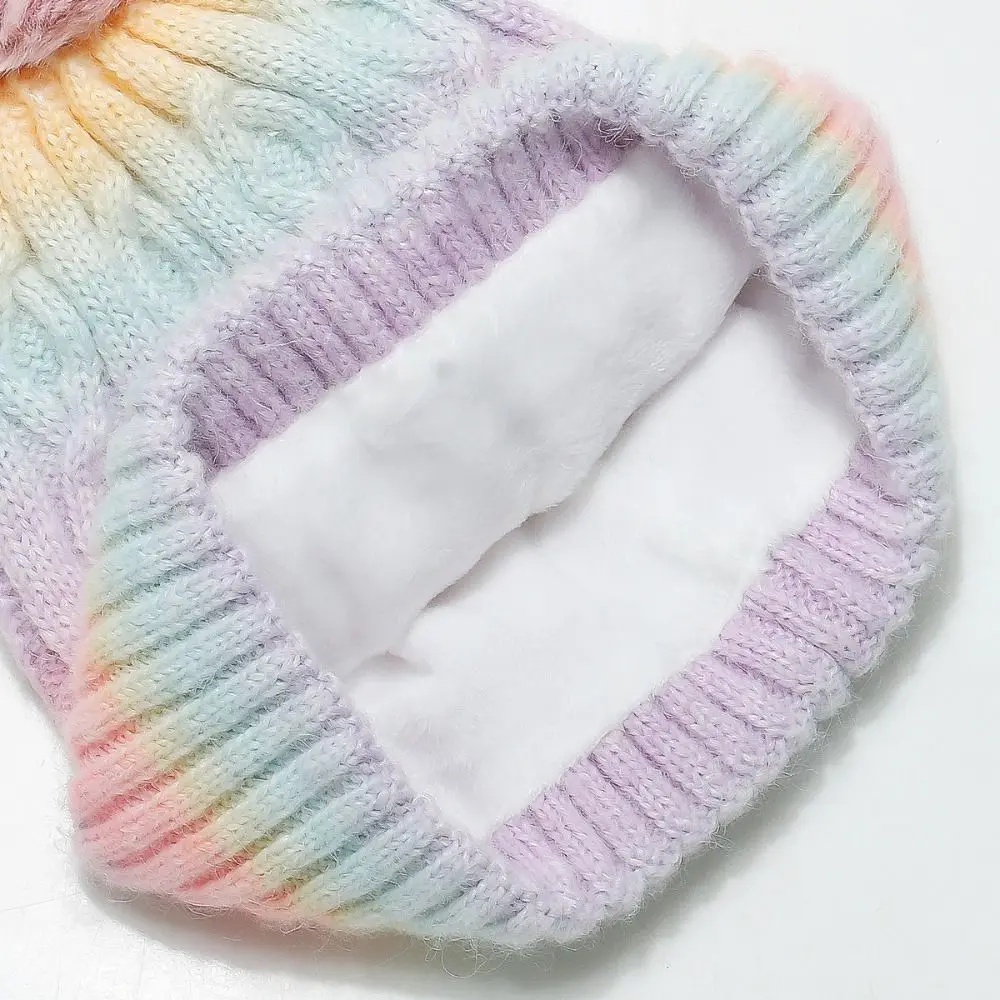 Cute Thickened Beanie Hat Gradient Striped Pattern with Faux Fur Pompon Ball Knitted Hat Keep Warm Ear Protection Hat