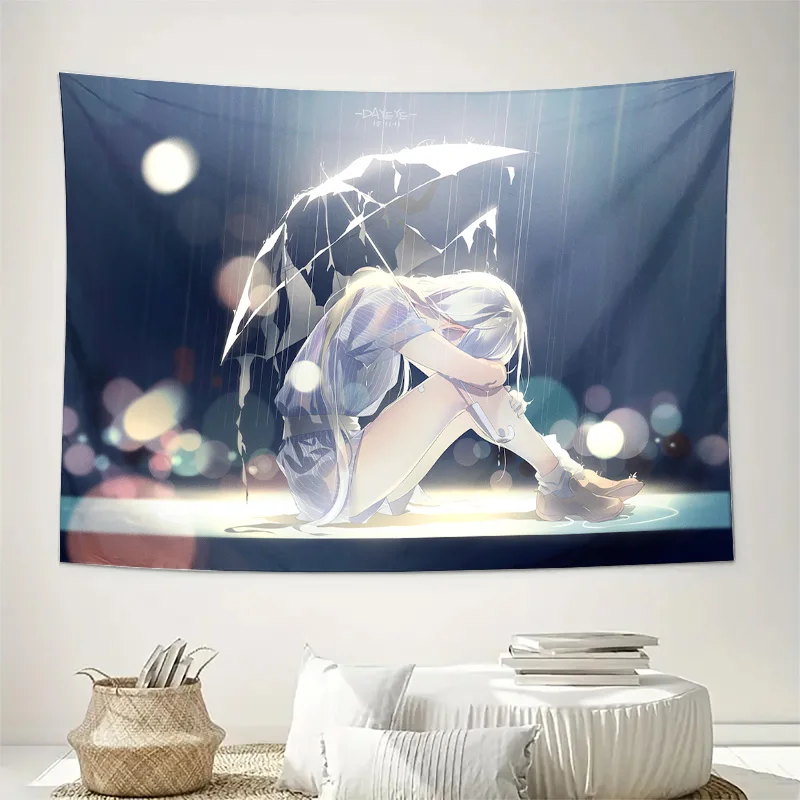 Anime Girl Under Broken Umbrella Rainy Night Bokeh Light Wall Tapestry Machine Washable All Season Print Japanese Art DesignHome