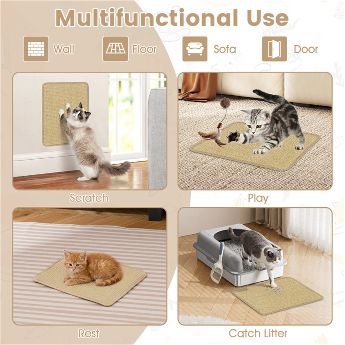 6 Pack Natural Sisal Cat Scratching Mats, Non-Slip Latex Backing Cat Scratch Pad with Hook Loop Tapes, Wall Sofa Floor Mountable Furniture Protector for Indoor Kittens Easy Clean - view 5