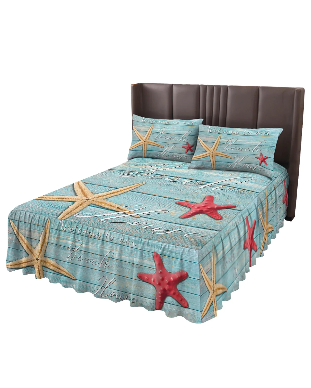 Wood Grain Beach Text Starfish Bed Skirt Elastic Fitted Bedspread With Pillowcases Mattress Cover Bedding Set Bed Sheet