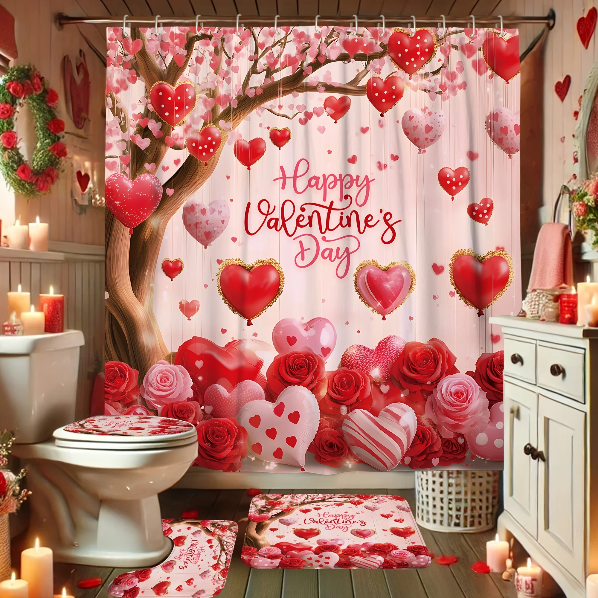 VIKAMA Valentine's Day Romantic Cherry Blossom Heart Shower Curtain Waterproof Rose Garden Decorative Bathroom Divider Curtain