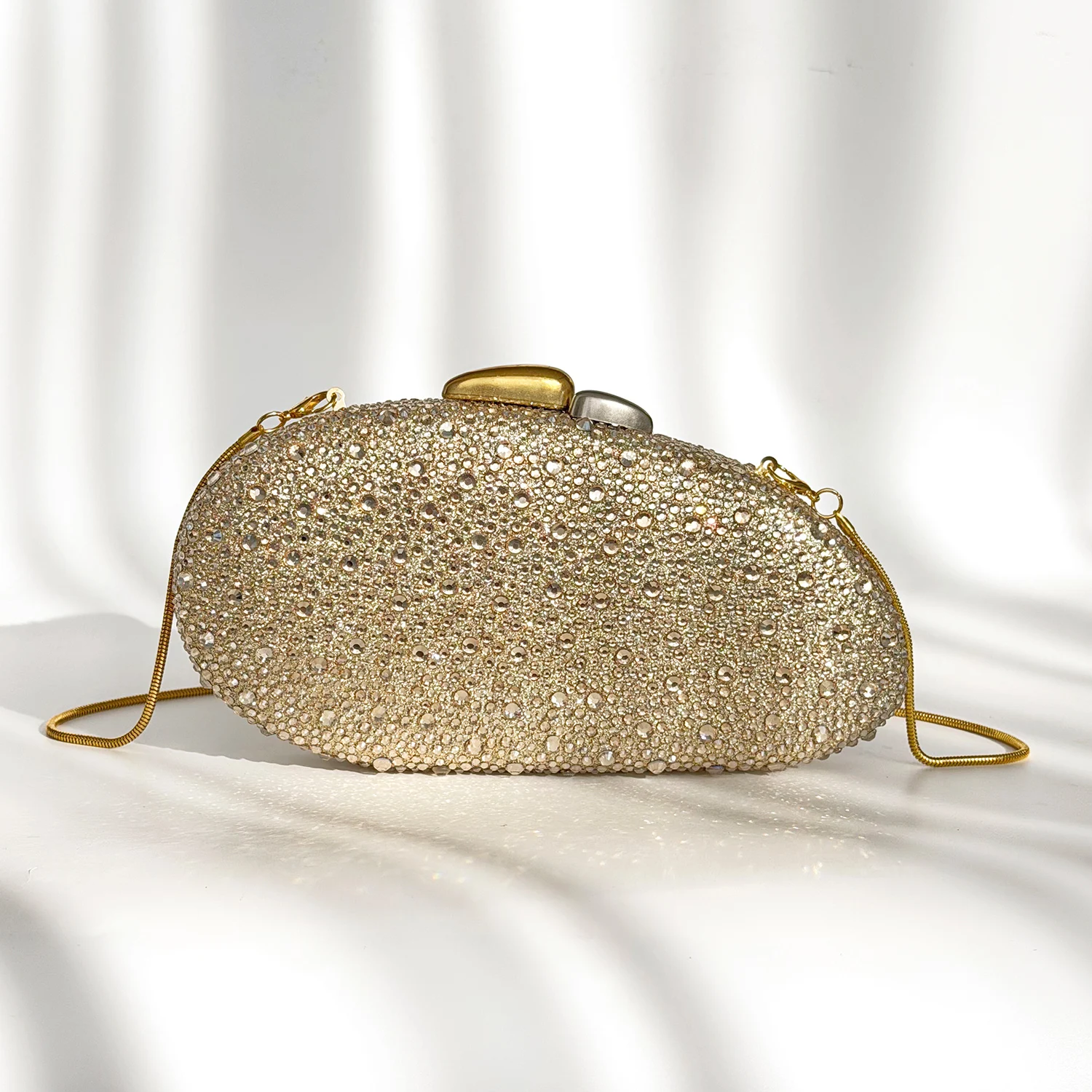 Oval Gold Rhinestone Evening Clutch Bag Sparkly Crystal Handbag With Chain Strap For Wedding Prom Cocktail Party
