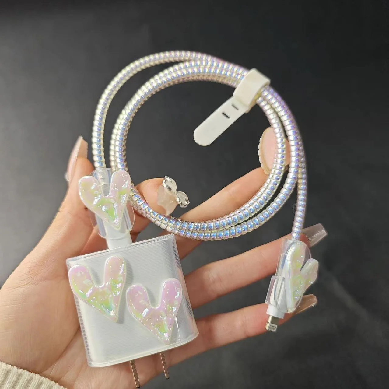 귀여운 하트 전기 도금 충전기 커버, 아이폰 11, 13, 14, 15, 18W-20W, 점차적 변경 충전 보호 커버, 충전기 슬리브