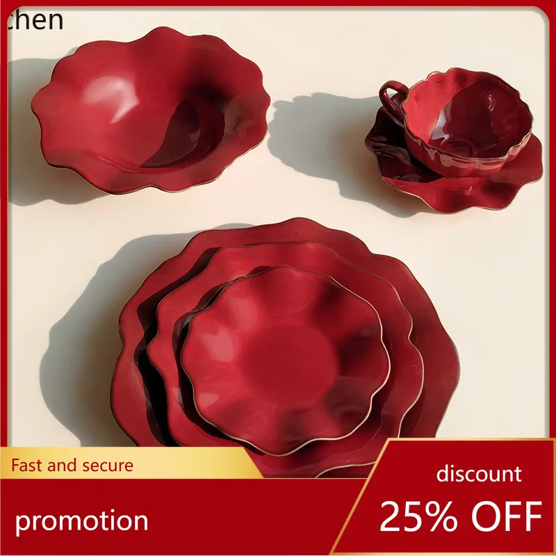 Hxl ceramic wave plate red dinnerware housewarming wedding home dinner plate