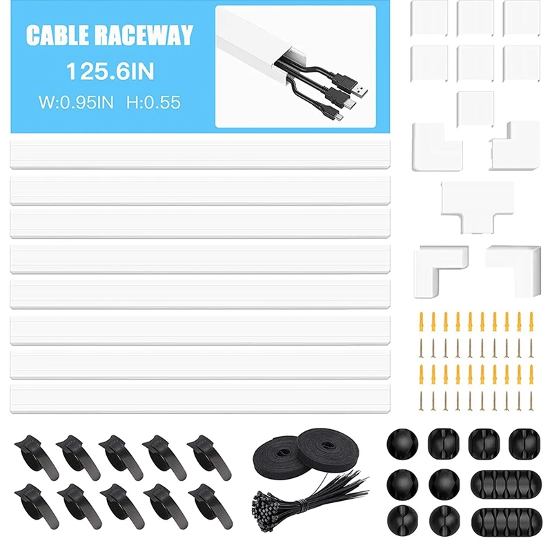 

125.6In Cable Cover,Cable Management Kit,Cord Hider On Wall,Roll Adhesive Tie,Cable Raceway Kit For TV Office Home