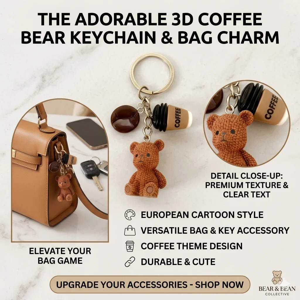 Cute Teddy Bear Coffee Keychain 3D Resin Bear with Coffee Cup Bean Charm Key Ring Bag Pendant for Women Girls Gift Accessories