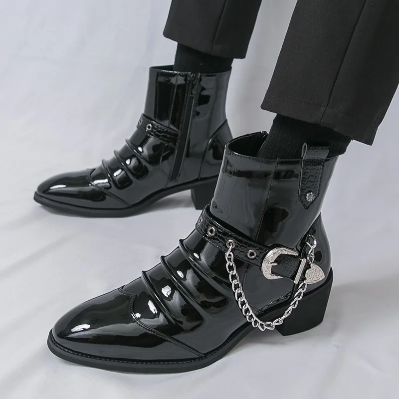 

Brand Men's Shoes Britain New Metal Chain Chelsea Ankle Boots Designer Shoes for Men Fashion Rock High Tops Shoes Zapatos Hombre