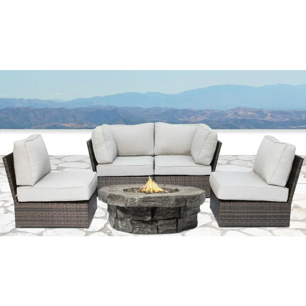 

5 PieceFire Pit Set collection Wicker Patio Resort Grade Furniture Sofa Set, With Fireseat, Cup Table and Back Cushions