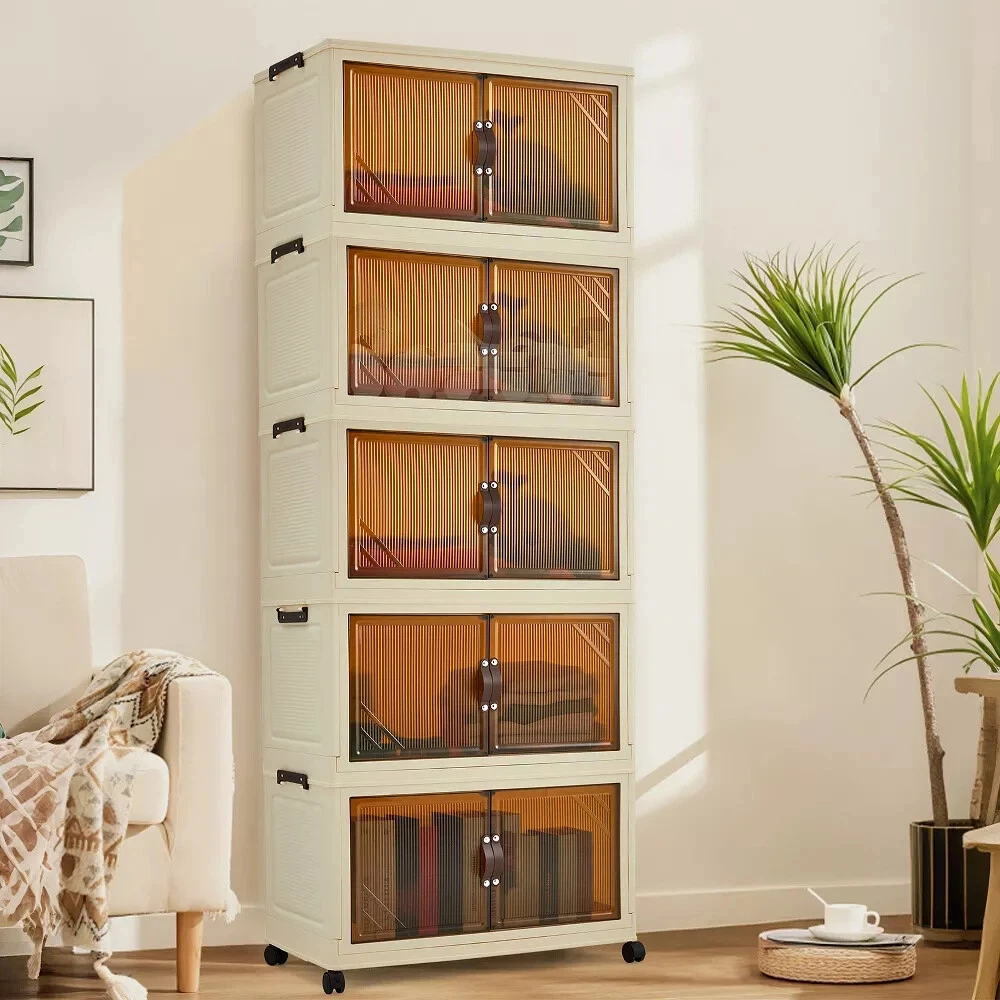 3/4/5-Tier Foldable Storage Cabinet with Lids & Wheels, Stackable Plastic Organizer for Closet, Bedroom, Office & Kitchen
