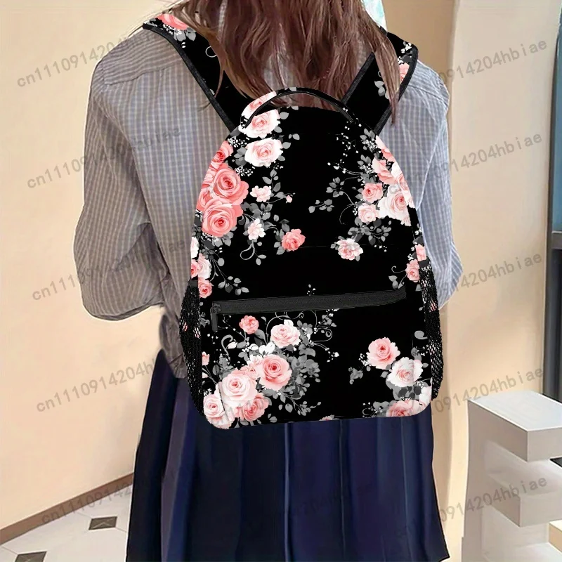 Elegant Black Floral Backpack with Pink Roses - Lightweight, Adjustable Strap, Zipper Closure, Durable Polyester Material - Idea view 4