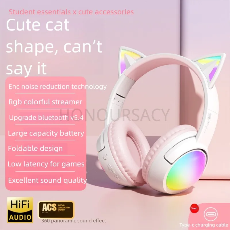 

Розовые Bluetooth-наушники с кошачьими ушками, RGB-подсветкой, складные, игровые, с микрофоном, HiFi-звук