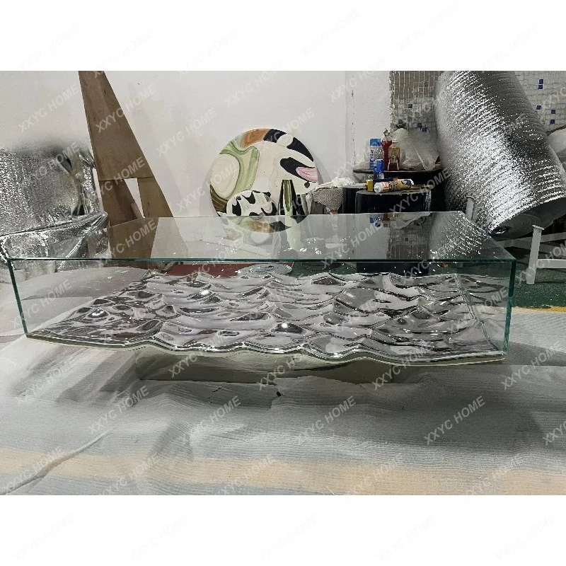 XX light luxury design water ripple coffee table silver tempered glass transparent high sense