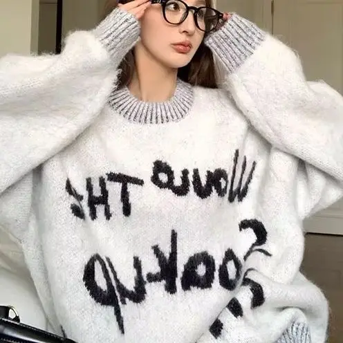 

Pullover Sweater Lazy Wind Letter Embroidery Women Autumn Winter 2024 New Loose Knit Top