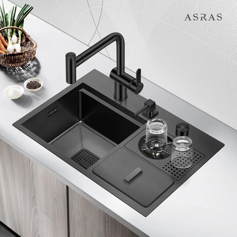 Asras SUS304 black nano hand-made cup rinser sink with trash can and hidden cover-6042NX-3