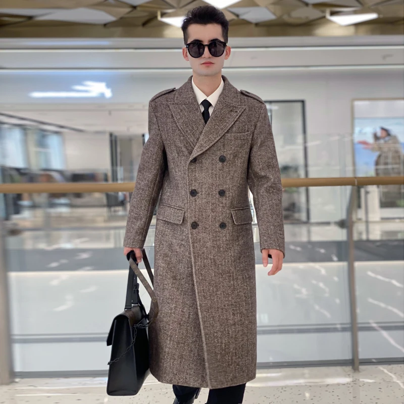 

Mens Classic herringbone pattern long wool coat for men with double breasted British fashion thickened down jacket coat for men