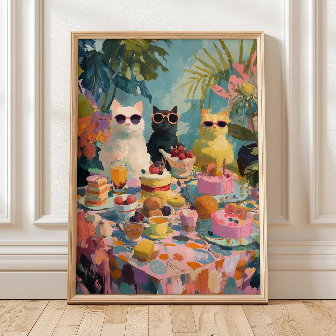 Katzen-Wandkunstdruck – drei coole Katzen in Sonnenbrillen im Frühstückstisch mit Kuchen und Früchten, farbenfrohes, lustiges Tiergemälde für