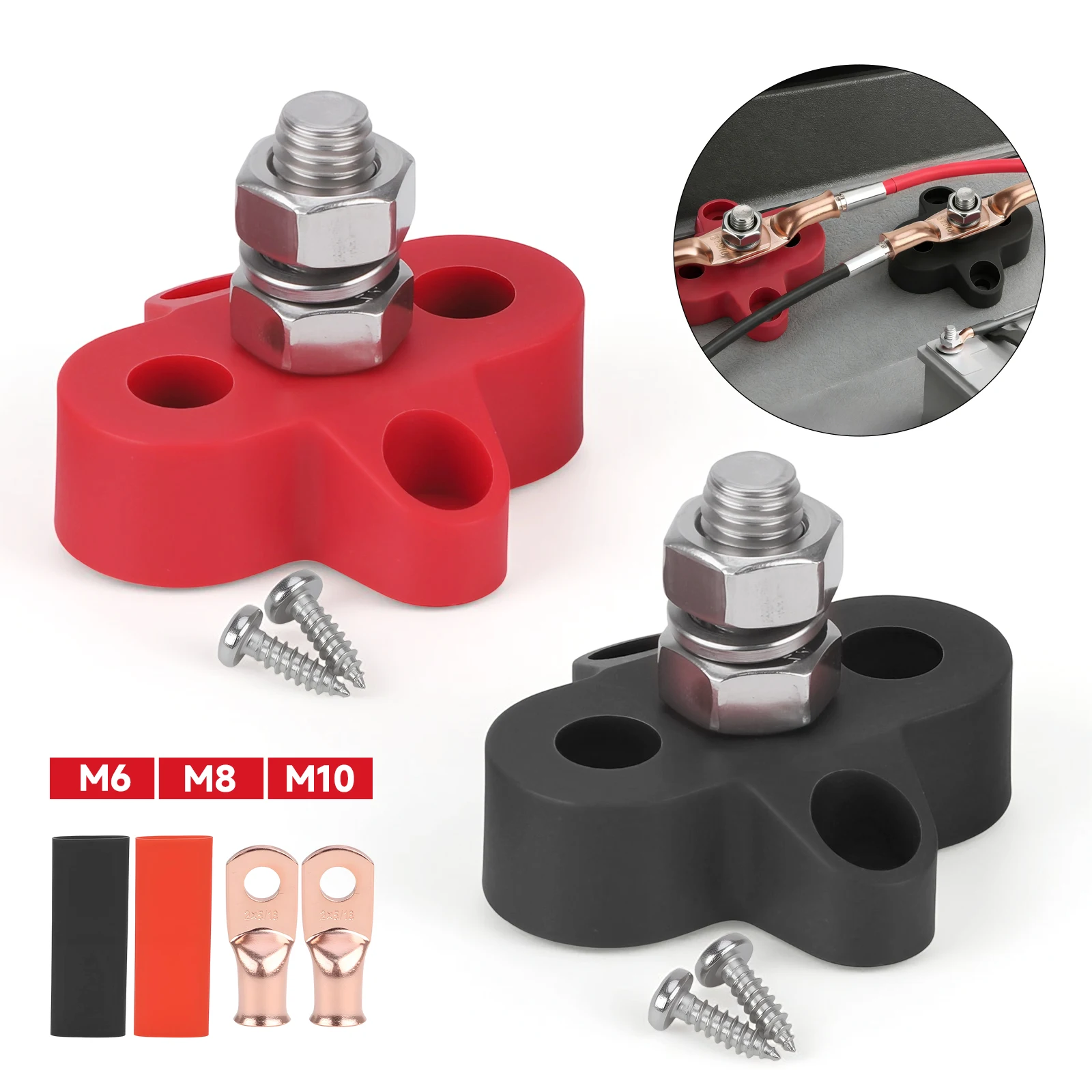 CNSPEED 12V 150A Red Black Single Stud Terminal Screws x2 M6 M8 M10 Bus Bar For Auto Boat Marine Solar System Positive DC Copper