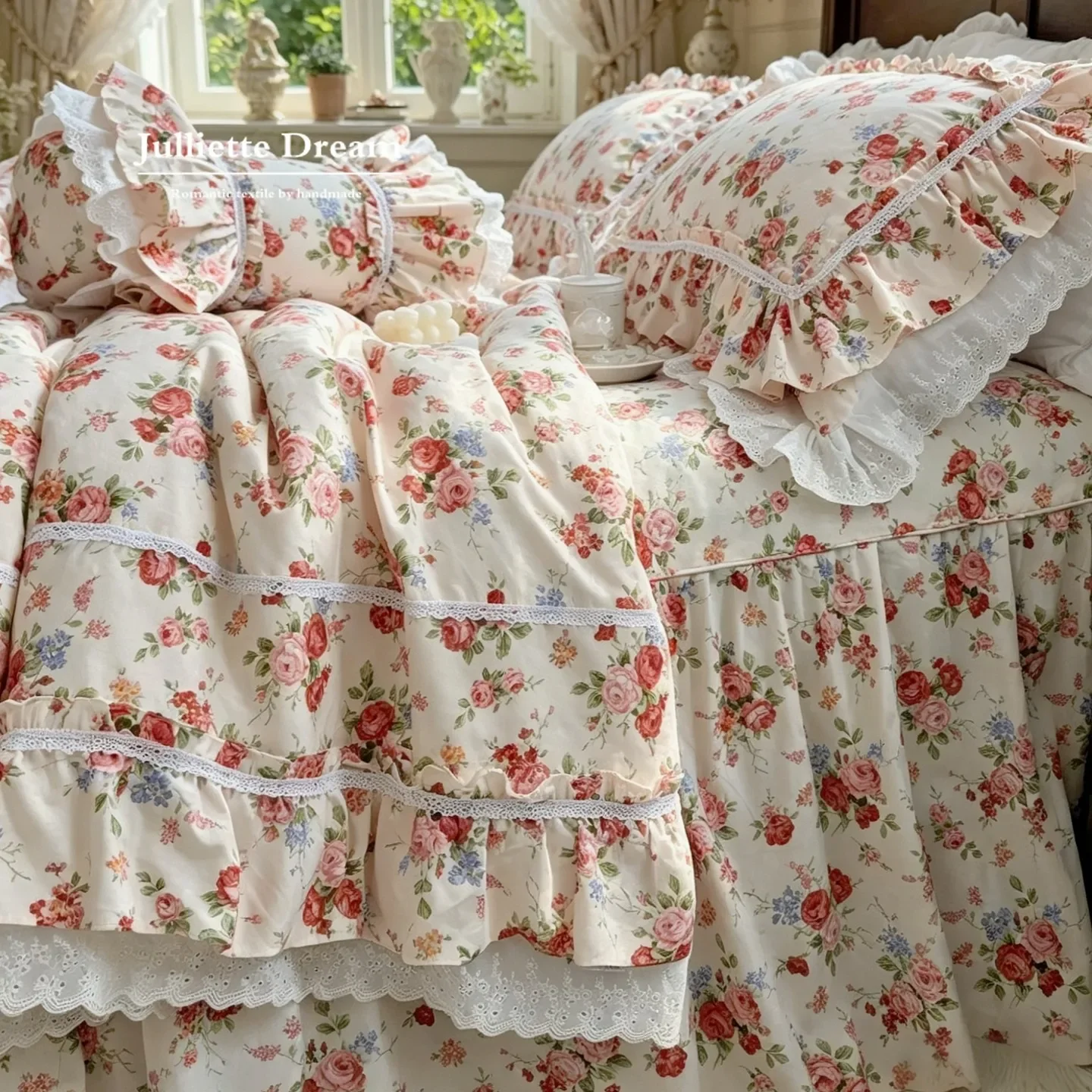 French Retro Princess Bedding Set Rosette Manor Style Ruffle Bed Skirt 100% Cotton Duvet Cover Set Vintage Floral Quilt Covers