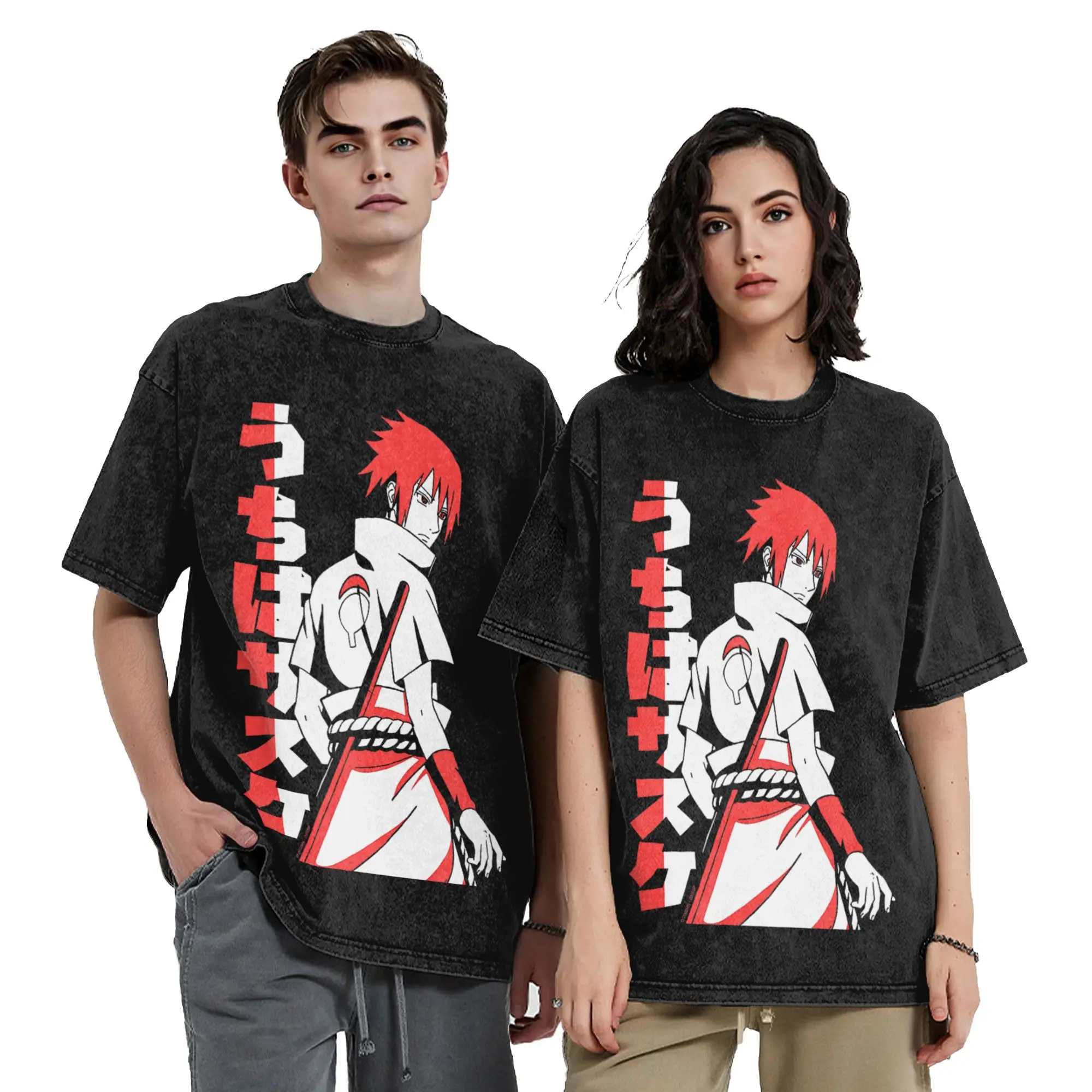 Shippuden Sasuke Uchiha Two Tone Narutoes T Shirts Washed 100% Cotton T-Shirts Retro for Men Women Tops Streetwear Tee Shirt