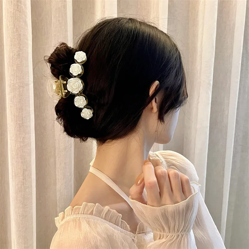 Korean Jelly-colored Camellia Hair Clip for Women Post-occipital Shark Clip Fashionable and Sweet Head Accessory for Outdoor Use