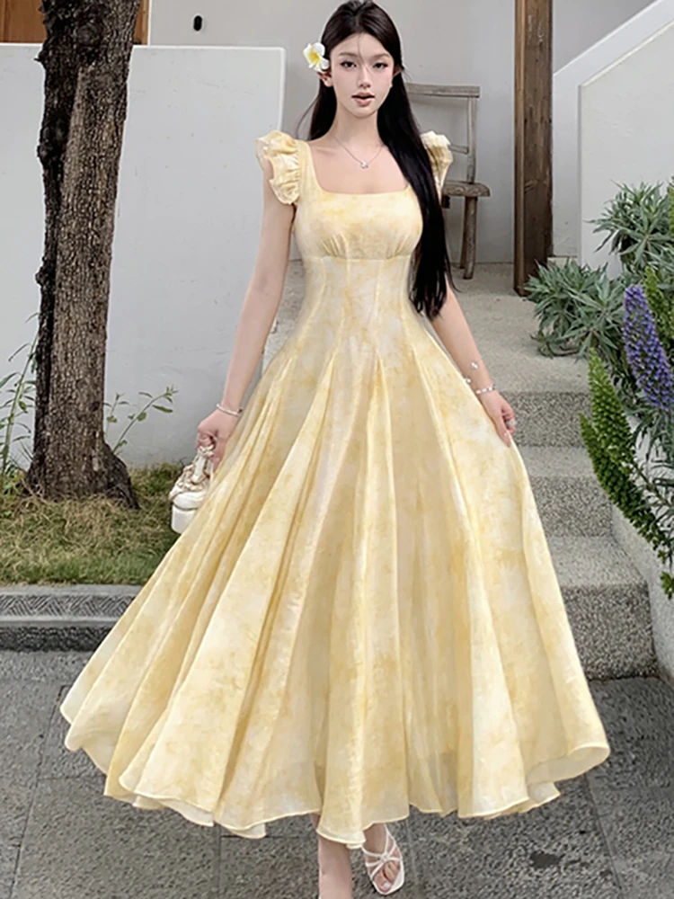 

Женское сексуальное платье из ацетата с летающими рукавами и квадратным воротником, летнее элегантное роскошное длинное платье с рюшами, 2024, корейское цельное платье