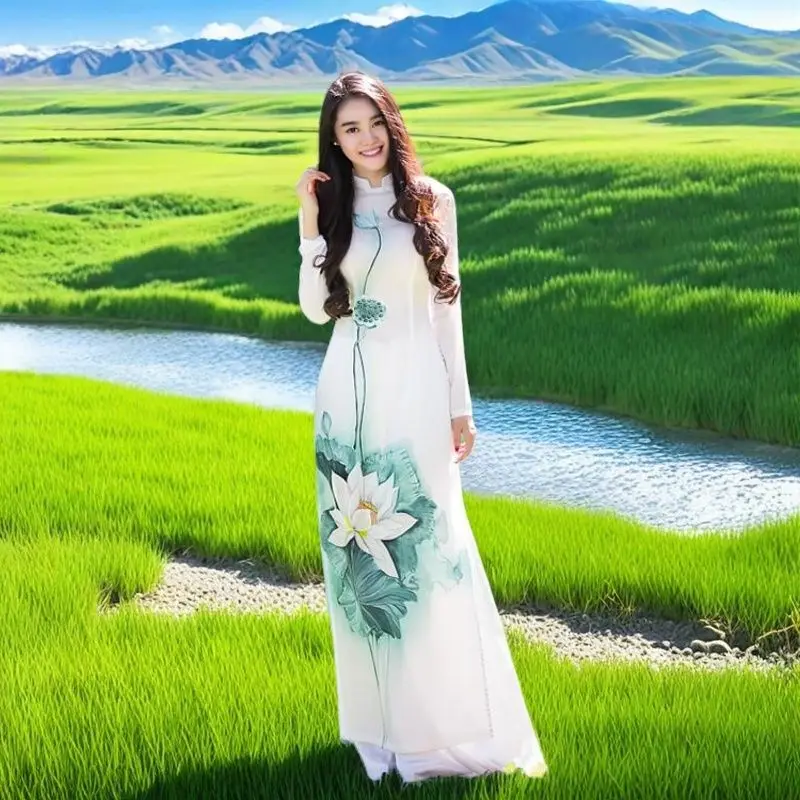 Vietnam Audrey Cheongsam dress Dress Cheongsam Lotus set cheongsam long dress improved Vietnam Audrey Ao Dai qipao dance dress #1