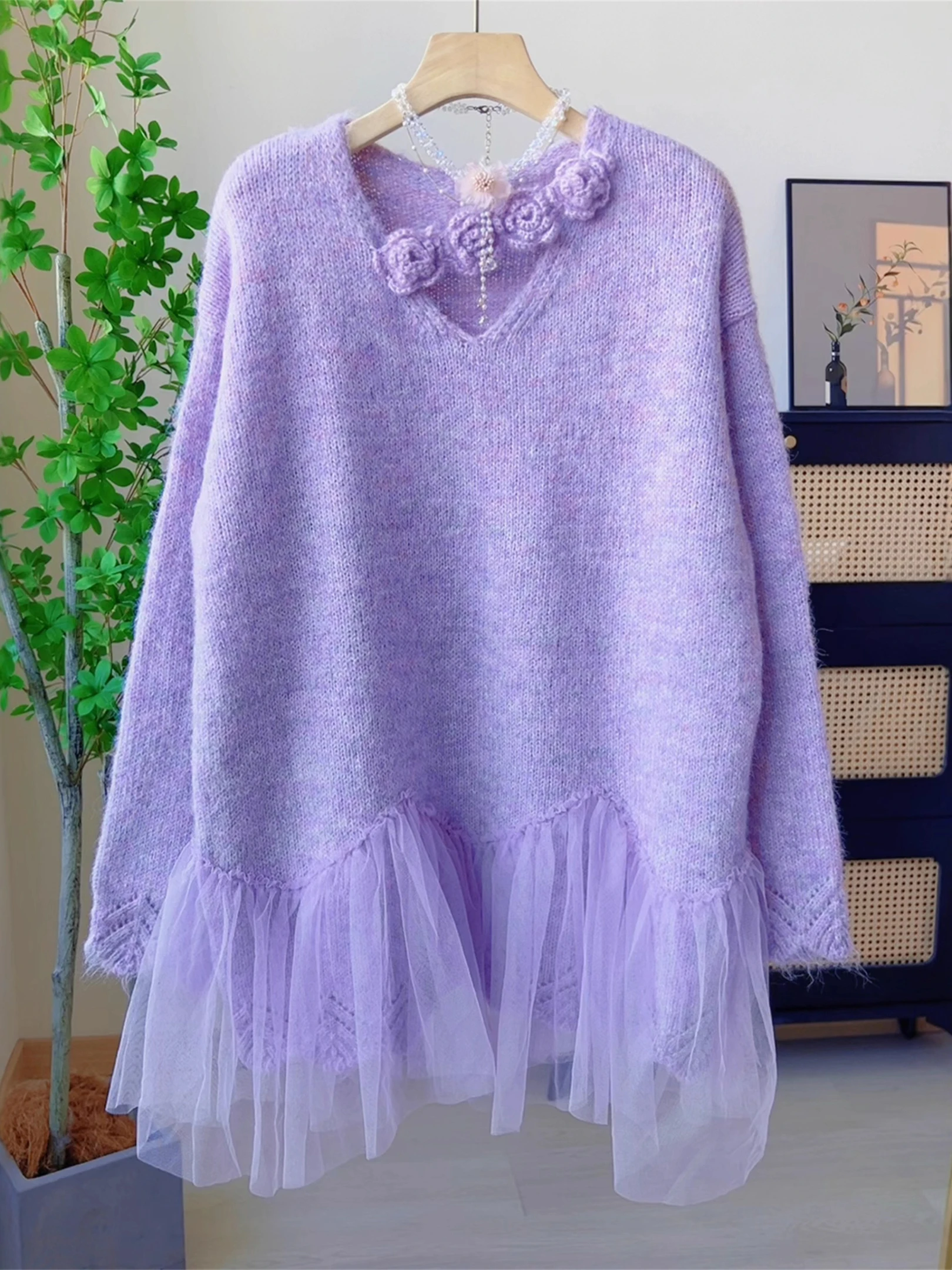 

Sweet 3D Flower Knitted Sweater V-Ne Loose Women's Base irt Autumn plus Size Faionable Casual Comfortable Inner Wear