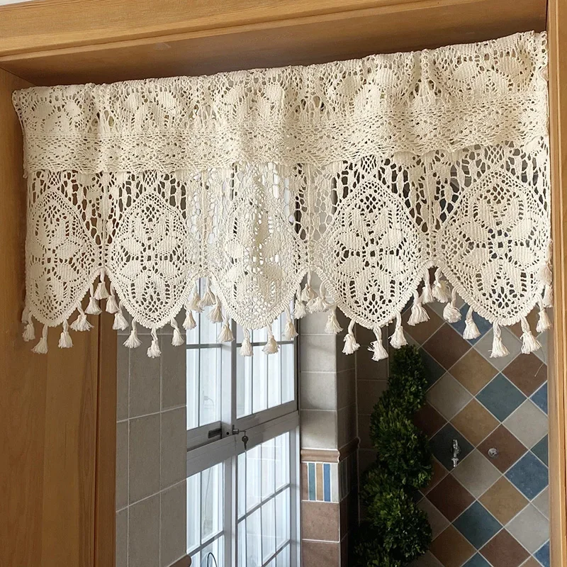 

Boho Crochet Lace Sheer Curtain Valances for Kitchen Farmhouse Rustic Macrame Rod Pocket Window Curtains for Bedroom Living Room