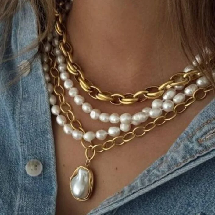 4-teiliges Vintage-Set mit unregelmäßigen Perlenketten für Damen, elegante Luxus-Barock-Perlenanhänger-Halsketten, Urlaubs-Statement-Schmuck, neu – Detail 2