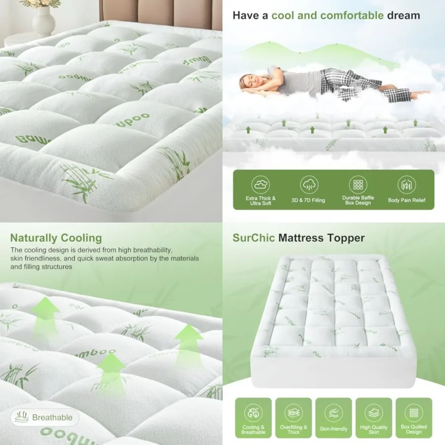 King Size Mattress Topper Viscose Derived from Bamboo, Soft Thick Pillow Top Mattress Pad Cover for Back Pain, Cooling Mattress Protector with 8-21 Inch Deep Pocket, White