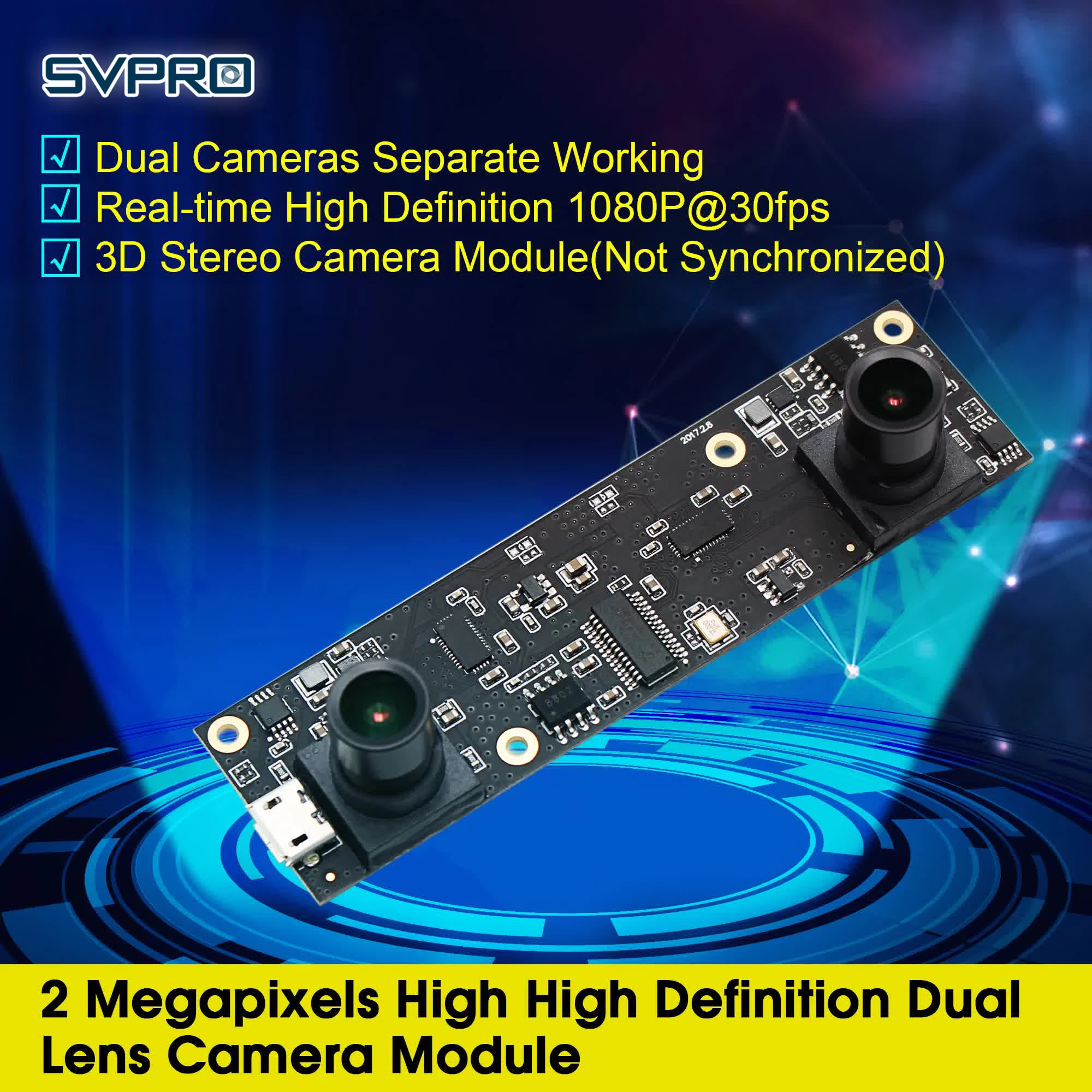 

SVPRO usb camera module board 2MP 1080P AR0330 MJPEG 30fps mini webcam Dual lens OTG UVC Plug Play Stereo Webcam Wide Angle