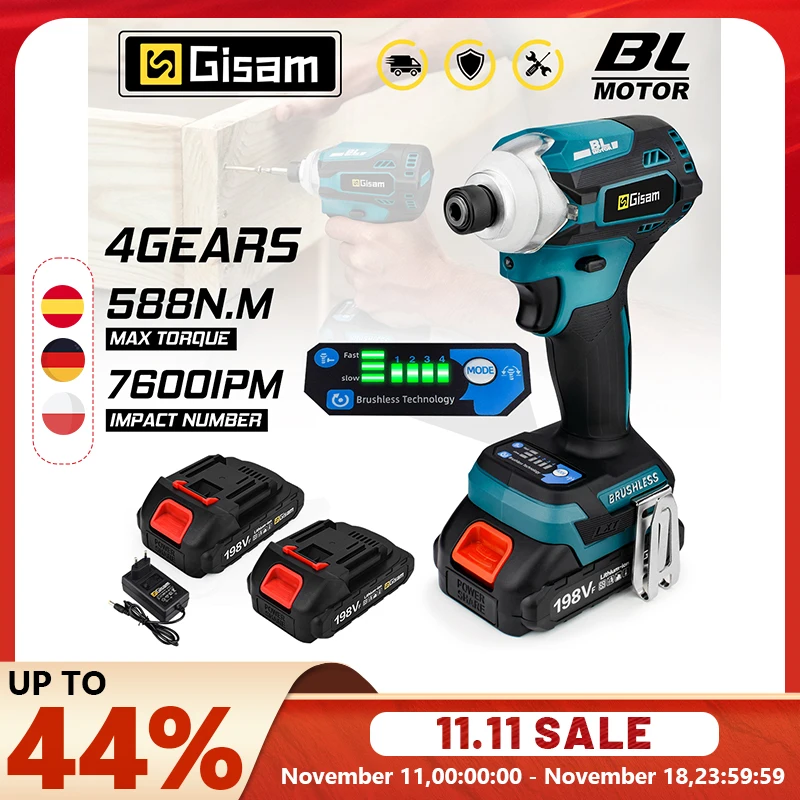 Gisam 588N.m Brushless Electric Screwdriver Cordless Impact Electric Wrench Drill Screw Driver Power Tool for Makita 18V Battery